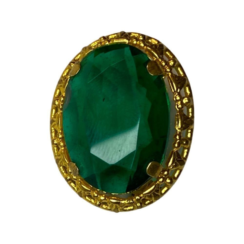 Brooch – Vintage 1940s Gold-Tone Filigree Oval with Emerald Rhinestone - Picture 4 of 5
